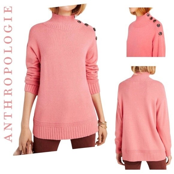 Anthropologie Margarita Tunic Sweater Button Shoulder Coral Pink Pullover Small - Picture 1 of 12